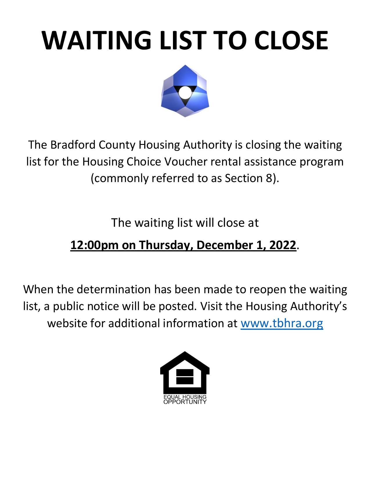 Housing Choice Voucher Waiting List to Close Tioga Bradford Housing